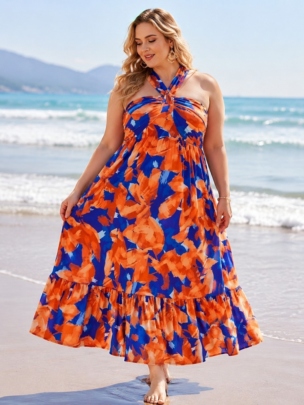 Grace Karin Vibrant Orange & Blue Floral Print Halter Boho Maxi Dress Sz 2XL